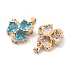 Rack Plating Leaf Brass Clear Cubic Zirconia With Glass Pendants&nbsp;KK-S407-18KCG