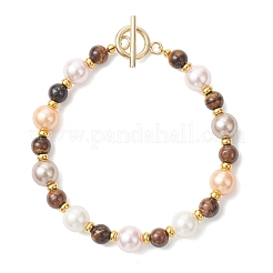 Shell Pearl & Natuarl Tiger Eye Round Beaded Bracelets for Women&nbsp;BJEW-JB12896