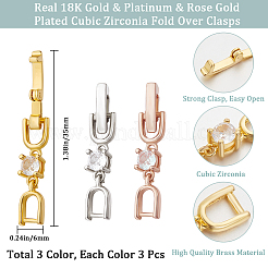 9Pcs 3 Colors Brass with Cubic Zirconia Fold Over Clasps&nbsp;ZIRC-BBC0002-68
