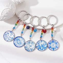 Blue and White Floral Printed Glass Keychains&nbsp;KEYC-JKC00554