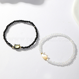 2Pcs 2 Color Natural Shell Cat & Gemstone Beaded Stretch Bracelets Set, Mixed Color, 2-3/8 inch(6cm), 1Pc/color