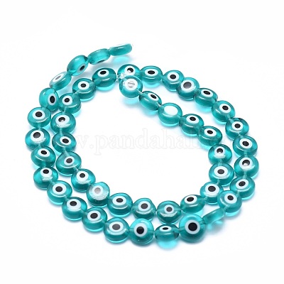 Handmade Evil Eye Lampwork Flat Round Bead Strands&nbsp;LAMP-L058-6mm-11-1