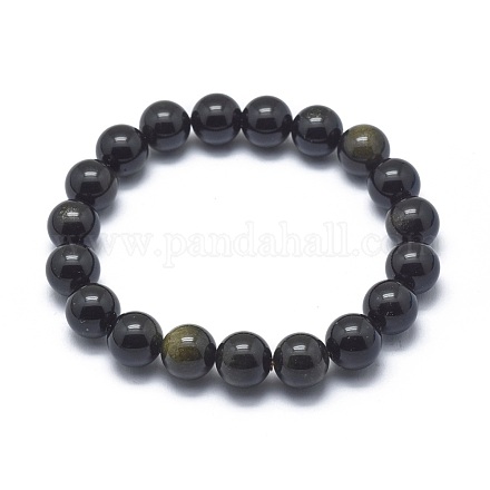 Natural Golden Sheen Obsidian Bead Stretch Bracelets BJEW-K212-C-020-1