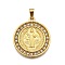 304 Stainless Steel Pendants, with Rhinestone, Religious Theme, PVD Vacuum Plating, Long-Lasting Plated, Saint, Golden, Flat Round, 32x28x2.5mm, Hole: 3x7mm