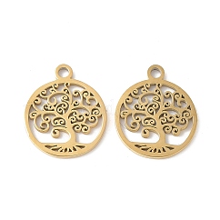 304 Stainless Steel Flat Round with Laser Cut Tree of Life Charms, Real 14K Gold Plated, 14.5x12x1mm, Hole: 1.4mm