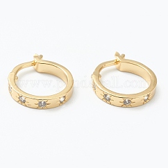 Brass Micro Pave Clear Cubic Zirconia Hoop Earrings, Ring with Star, Real 18K Gold Plated, 15x16x3mm, Pin: 1x0.8mm