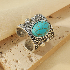 Adjustable Zinc Alloy with Synthetic Turquoise Cuff Rings, Oval, Antique Silver, Inner Diameter: Adjustable