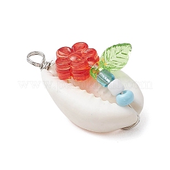 Natural Cowrie Shell & Acrylic & Glass Seed Beads Flower Shell Shaped Pendants&nbsp;PALLOY-JF03819