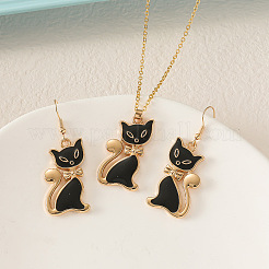 Cat Shape Zinc Alloy Enamel Pendant Necklaces & Dangle Earrings Sets&nbsp;FS-WG2319B-01