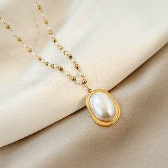 304 Stainless Steel Plastic Pearl White Oval Pendant Ball Link Chain Necklaces for Women&nbsp;WGC76B7-01