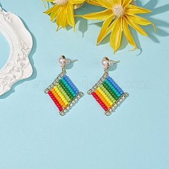 Japanese Seed Braided Rhombus Dangle Stud Earrings with Plastic Pearl Beaded&nbsp;EJEW-TA00170