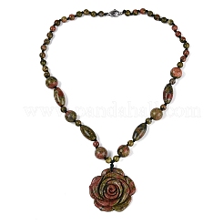 Natural Unakite Flower Pendant Necklaces&nbsp;NJEW-N064-08G