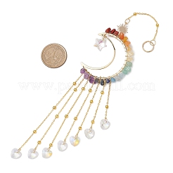 Wire Wrapped Chakra Natural Gemstone Chips Moon Hanging Ornaments&nbsp;HJEW-JM02370