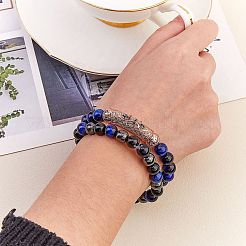 2Pcs 2 Style Dyed & Heated Natural Tiger Eye & Gemstone Stretch Bracelets Set&nbsp;BJEW-SW00090