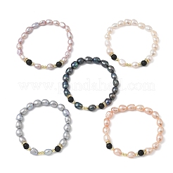 Natural Cultured Freshwater Pearl & Lava Rock Beaded Stretch Bracelets for Women&nbsp;BJEW-JB13714