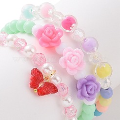 3Pcs 3 Style Acrylic Flower & Imitation Pearl Beaded Stretch Bracelets Set&nbsp;BJEW-JB09105