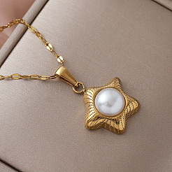 Vintage 304 Stainless Steel Ocean Starfish Pendant Necklaces with Imitation Pearl for Women&nbsp;EC5636