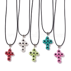 Glass Seed Beads & Synthetic Blue Goldstone Beaded Cross Pendant Necklaces&nbsp;NJEW-MZ00103
