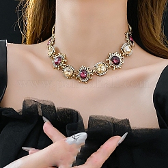 Alloy Light Topaz and Fuchsia Rhinestone Rectangle Link Chain Necklaces for Women&nbsp;FS-WG14885-02