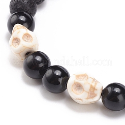 2Pcs 2 Style Natural Lava Rock & Mixed Gemstone Skull Braided Bead Bracelets Set&nbsp;BJEW-JB08381