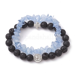 2Pcs 2 Styles Natural Lava Rock & Mixed Gemstone Chips Stretch Bracelets Set&nbsp;BJEW-JB10179