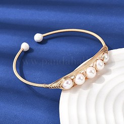 Brass Wire Wrapped Natural Pearl Open Cuff Bangles for Women&nbsp;BJEW-D453-03G