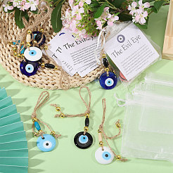 Handmade Flat Round with Evil Eye Glass & Wood Pendant Decorations&nbsp;HJEW-CA00092
