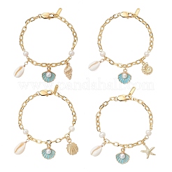 Ocean Theme Alloy Enamel & Plactic Pearl & Natural Cowrie Shell Charm Bracelets&nbsp;BJEW-JB14025