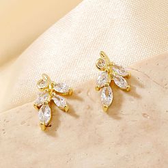 Mini 3D Willow Leaf Brass Clear Cubic Zirconia Stud Earrings Fashion Accessories&nbsp;NO4819