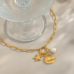 Stainless Steel Shell Shape Starfish Imitaiton Pearl Pendant Necklaces for Women&nbsp;QE7881