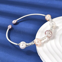 Brass Wire Wrapped Natural Pearl Cuff Bangles for Women&nbsp;BJEW-D453-01S
