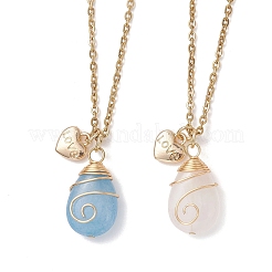 2Pcs 2 Styles Natural Rose Quartz and Dyed Natural Quartz Imitation Aquamarine Copper Wire Wrapped Teardrop Pendant 304 Stainless Steel Cable Chain Necklaces for Women&nbsp;NJEW-JN05628