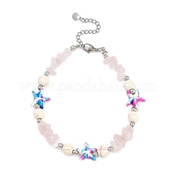Dyed Synthetic Turquoise Starfish & Natural Rose Quartz Chip Beaded Anklets with 304 Stainless Steel End Chains&nbsp;AJEW-AN00733-01