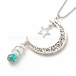 Natural Green White Jade Bullet with Alloy Moon and Star Pendant Necklace&nbsp;NJEW-JN03912-05