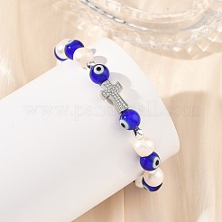 Evil Eye Lampwork and Natural Cultured Freshwater Pearl Beaded Stretch Bracelets&nbsp;BJEW-JB14283-02