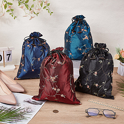 4Pcs 4 Colors Embroidery Flower Burlap Packing Pouches Drawstring Bags&nbsp;ABAG-FG0001-09