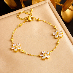 Flower Stainless Steel Pave Clear Cubic Zirconia Chain Necklace & Bracelet & Stud Earring Sets&nbsp;FS-WGF2DAD-01