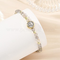 Religion Natural Labradorite Beaded Stretch Bracelets with Brass Flat Round with Cross Beads&nbsp;BJEW-JB14360-01
