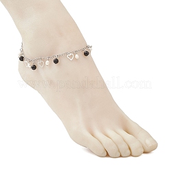 Natural Black Agate(Dyed & Heated) & Natural Pearl & 304 Stainless Steel Heart Tassel Curb Chain Anklets&nbsp;AJEW-AN00697