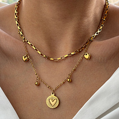 304 Stainless Steel Disc Heart Pendant Double Layer Necklaces for Women&nbsp;WG4F0FA-01