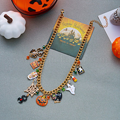 Halloween Alloy Enamel Spider Pumpkin Multi Pendant Bib Necklaces for Women&nbsp;WG0CF79-01