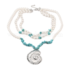 Boho Dyed Synthetic Turquoise Chip & Plastic Pearl Multi Layered Necklaces&nbsp;LS-NJEW-U006-04A-P
