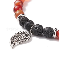 Natural Dragon Veins Agate & Lava Rock Stretch Bracelet with Alloy Leaf Charm&nbsp;BJEW-JB08651