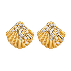 Two Tone 304 Stainless Steel Shell Pearl Stud Earrings for Women&nbsp;IE0729