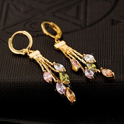 Real 18K Gold Plated Brass Cubic Zirconia Tassels Dangle Hoop Earrings&nbsp;EJEW-EE0001-185