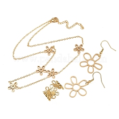 Hollow Flower 304 Stainless Steel Necklace & Dangle Earring & Cuff Ring Sets&nbsp;SJEW-F225-03G