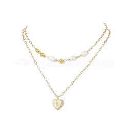 Natural Cultured Freshwater Pearl Rice Beads Brass Heart with Letter Pendant Paperclip Chain Double Layered Necklaces&nbsp;NJEW-JN05378-01