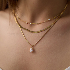 304 Stainless Steel Pave Clear Cubic Zirconia Teardrop Pendant 3 Layer Necklaces for Women&nbsp;WGFD083-01