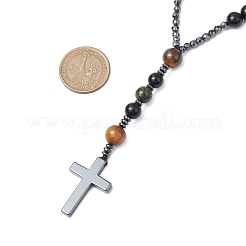Natural Tiger Eye & Obsidian & Bloodstone Rosary Bead Necklaces&nbsp;NJEW-JN05114-01