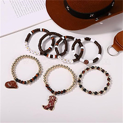 7Pcs Boot Western Cowboy Style Polymer Clay Heishi  & CCB Plastic & Natural Tiger Eye Beaded Bracelets&nbsp;FS-WG5CAF3-03